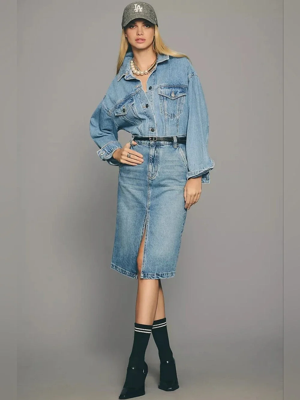 Pilcro Front Slit Blue Denim Skirt, Size 10 Knee Length Cotton Western - Picture 1 of 12